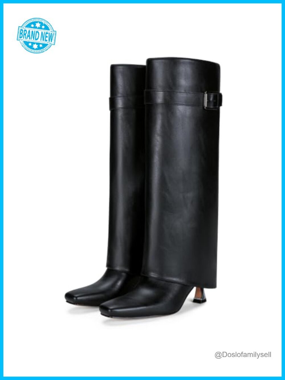 Fold Over Knee High Boots Square Toe Kitten Heel Faux Leather